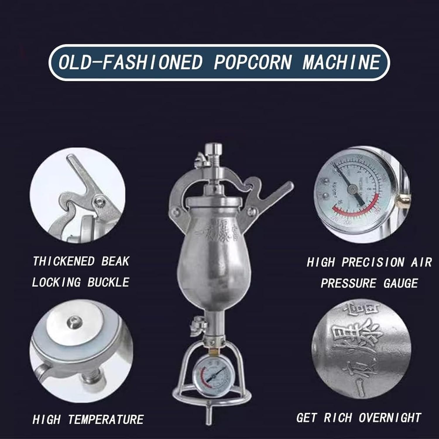 Hand Puffed Rice Maker Popcorn Popper Stovetop, Chinese Popcorn Cannon, Pressure Popcorn Maker, for family gatherings and parties (1000ml)