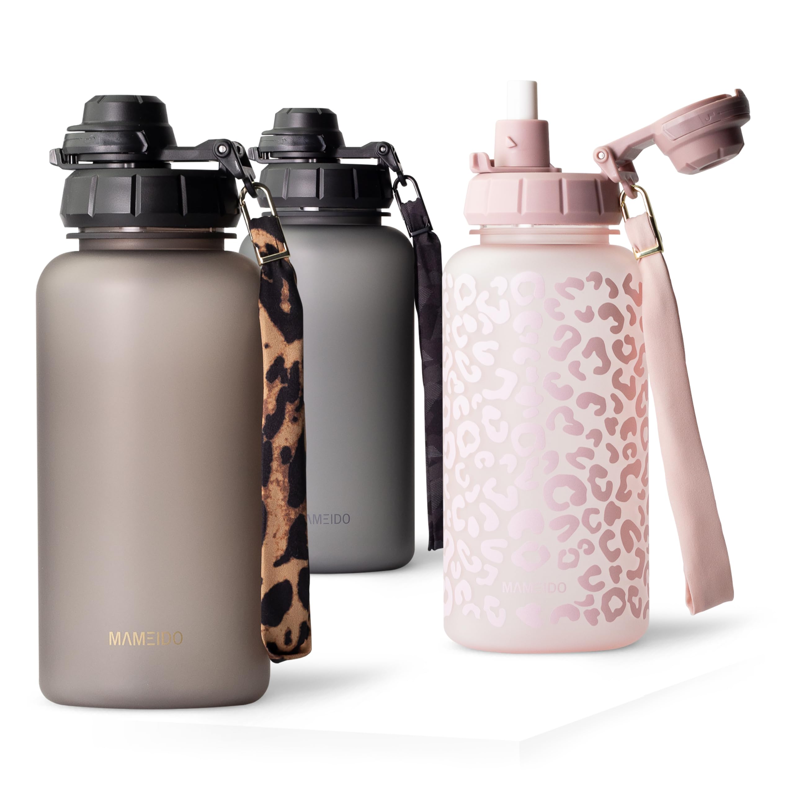 MAMEIDO Water Bottle with Straw & Time Markings 1 l, Leakproof Tritan Sports Water Bottle, Drinks Bottle BPA-free, Gym Water Bottle (Urban Taupe)