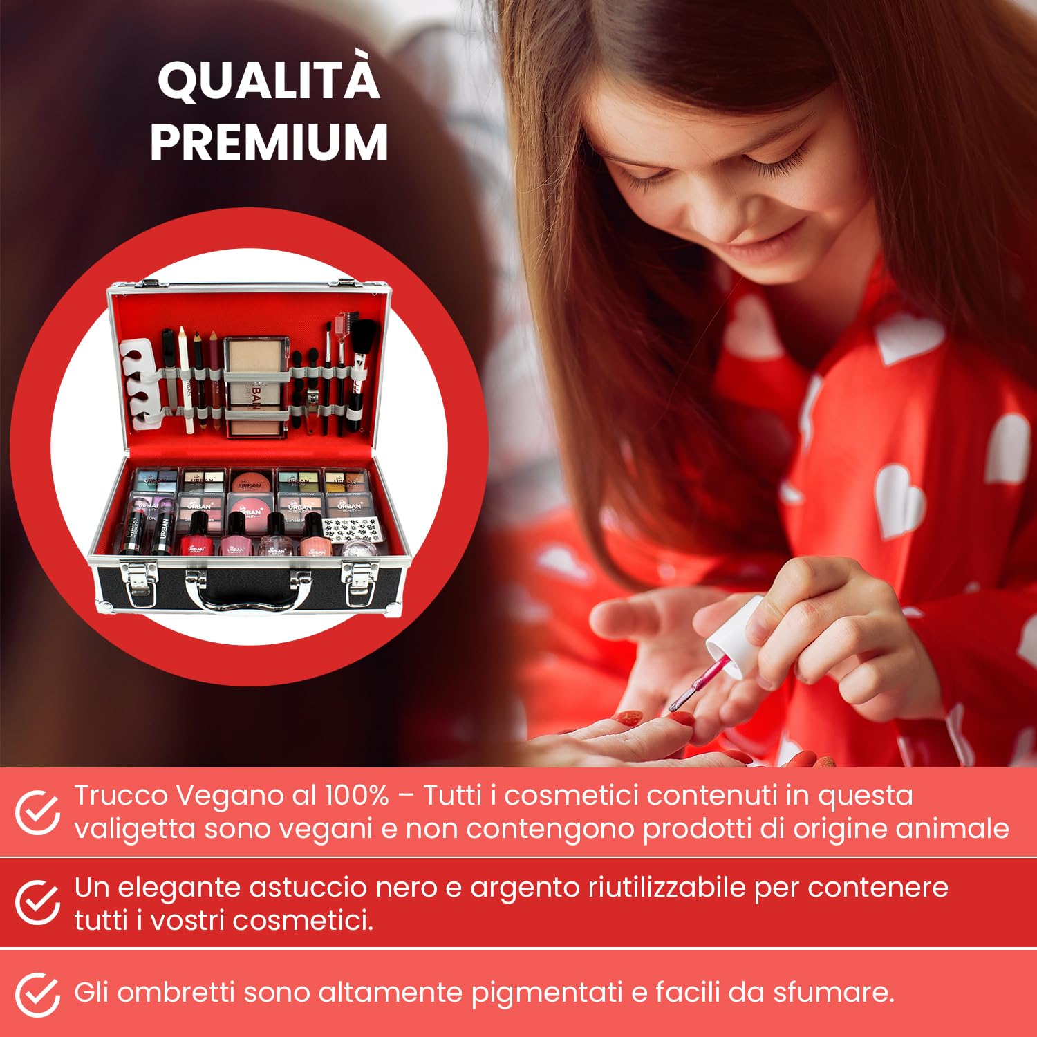 LOVE URBAN BEAUTY Divine Beauty Set Trucchi Vegan con French Manicure - Cofanetto Make Up 76 Pezzi con Ombretti, Illuminante, Rossetti, Blush, Pennelli e Accessori Manicure - Vanity Beauty Case