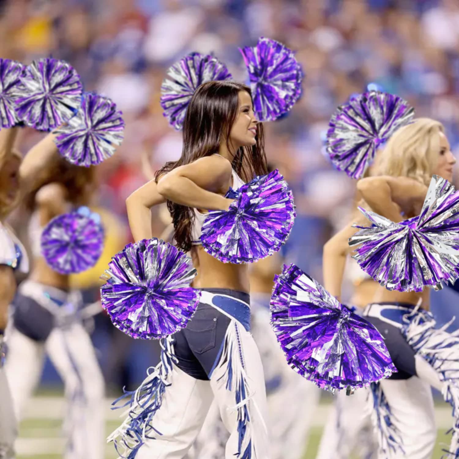 Pompon Cheerleader 2 Pezzi - In Lamina Metallica Oro E Argento - Con Manico Dritto - Per Sport E Feste - Foto 8