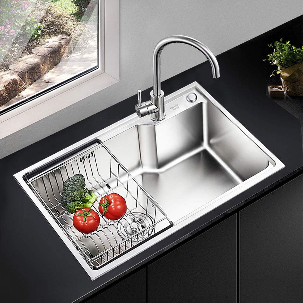 Fregadero de Cocina Individual Cuadrado de Acero Inoxidable 304 con Grifo, Kit Completo de fontanería, desagüe, instalación y Cesta para Platos (tamaño: 580x430x218 mm).