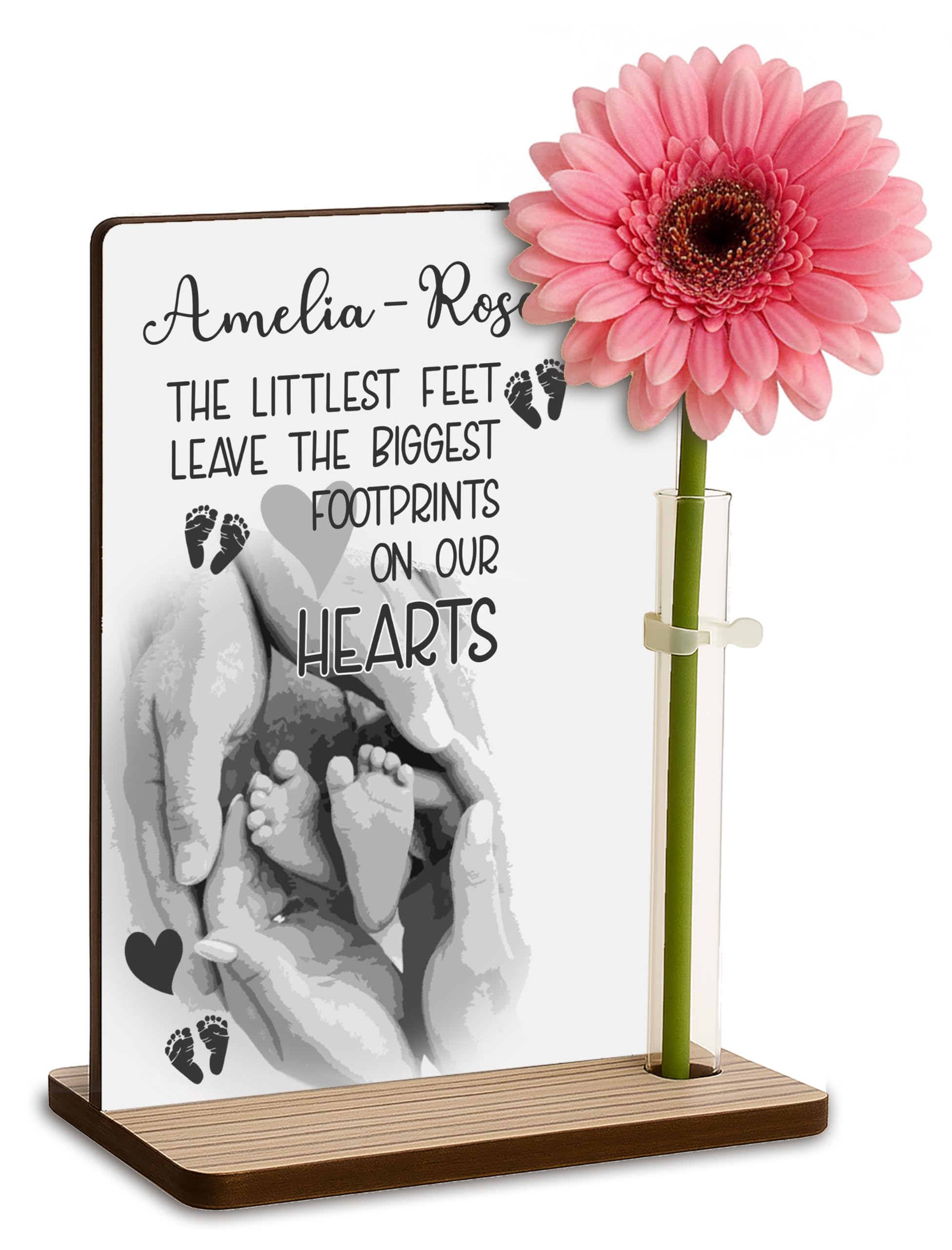 The Plum Penguin Little Feet, Big Footprints Personalised Baby Loss Memorial Wooden Plaque With Artificial Flower Miscarriage Remembrance Angel Baby Keepsake Ornament Gift (Little Feet, Big Footprints)