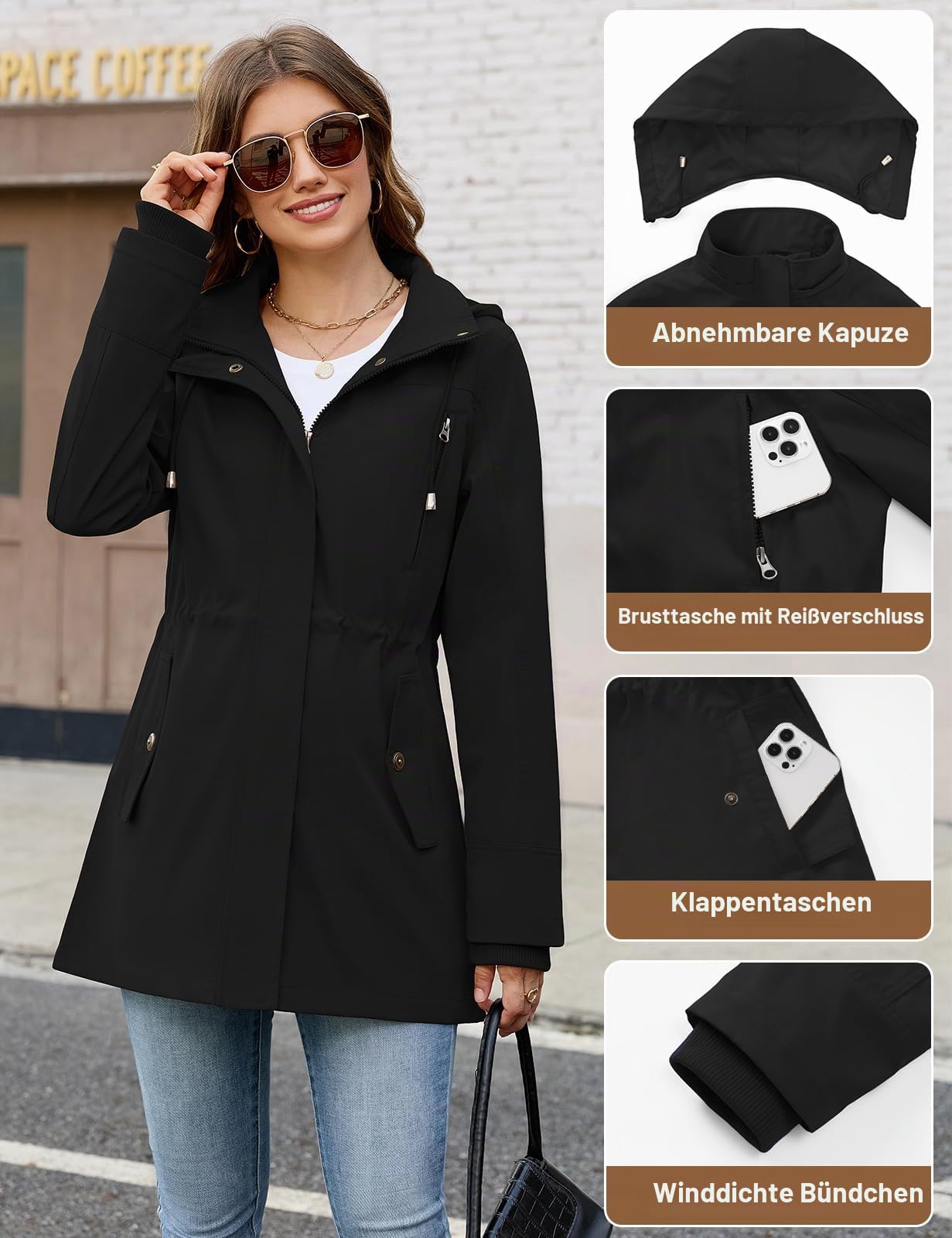 CMTOP Jacke Damen Leichte Atmungsaktiv Jacken Casual Übergangsjacke Wasserabweisend Winddicht Parka Jacket Zip Up Blouson Mantel mit Abzippbarer Kapuze für Frühling Sommer Herbst