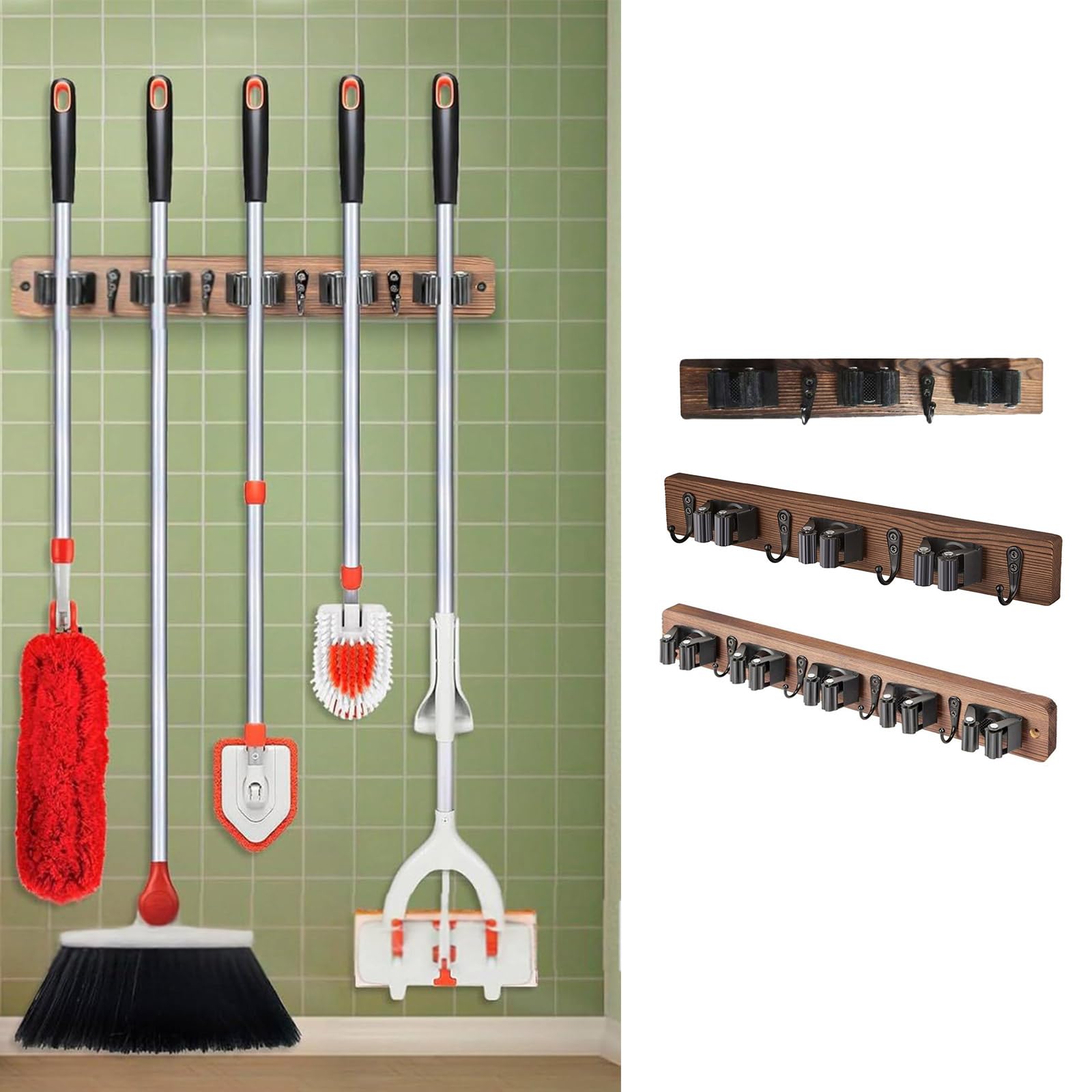 Estante de almacenamiento de madera natural para escobas con gancho para escobas, fregonas, paraguas, organización del hogar, fregona y escoba, soporte de pared