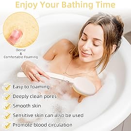 LFJ 19 Long Handle Shower Sponge Brush Set, 3 in 1 Body Brush, Bath Sponge and Lotion Applicator Improved Skin Health, Suitable for Men and Women (White Brush-2P)