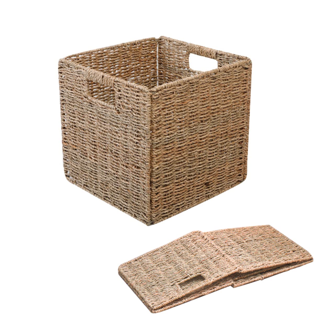 11x11x11-Inch Woven Seagrass Storage Basket Bin with Handles - Collapsible Organizer for Cabinets, Pantry, Bathroom, Laundry Room - Farmhouse Kitchen Storage Solution