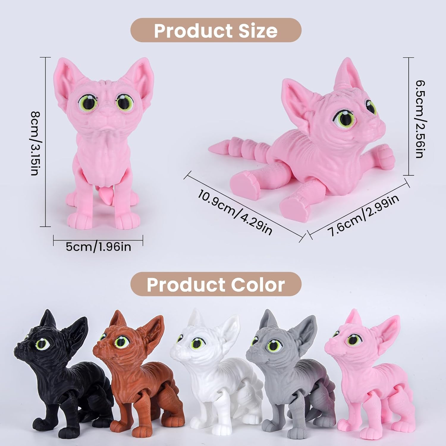 3D Printed Cat Fidget Toys, Realistic Sphynx Cat Figure with Multi Joints Movable, Cute Animal Executive Desk Toy for Kitty Lovers and Pet Collectors (Brown)