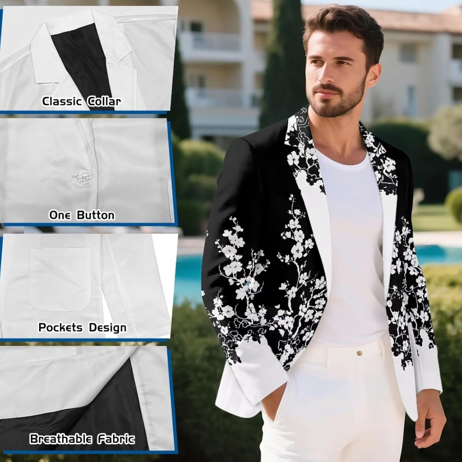 Blazer for Men Breathable Sport Coat with Notched Collar, Single Button Slim Fit for Beach Wedding Business