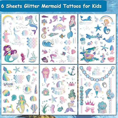 Miniatura 3 de CHARLENT 100 tatuajes temporales de sirena con purpurina para niñas, 6 hojas, 100 unidades, impermeables y resistentes al sudor, seguros para niños,