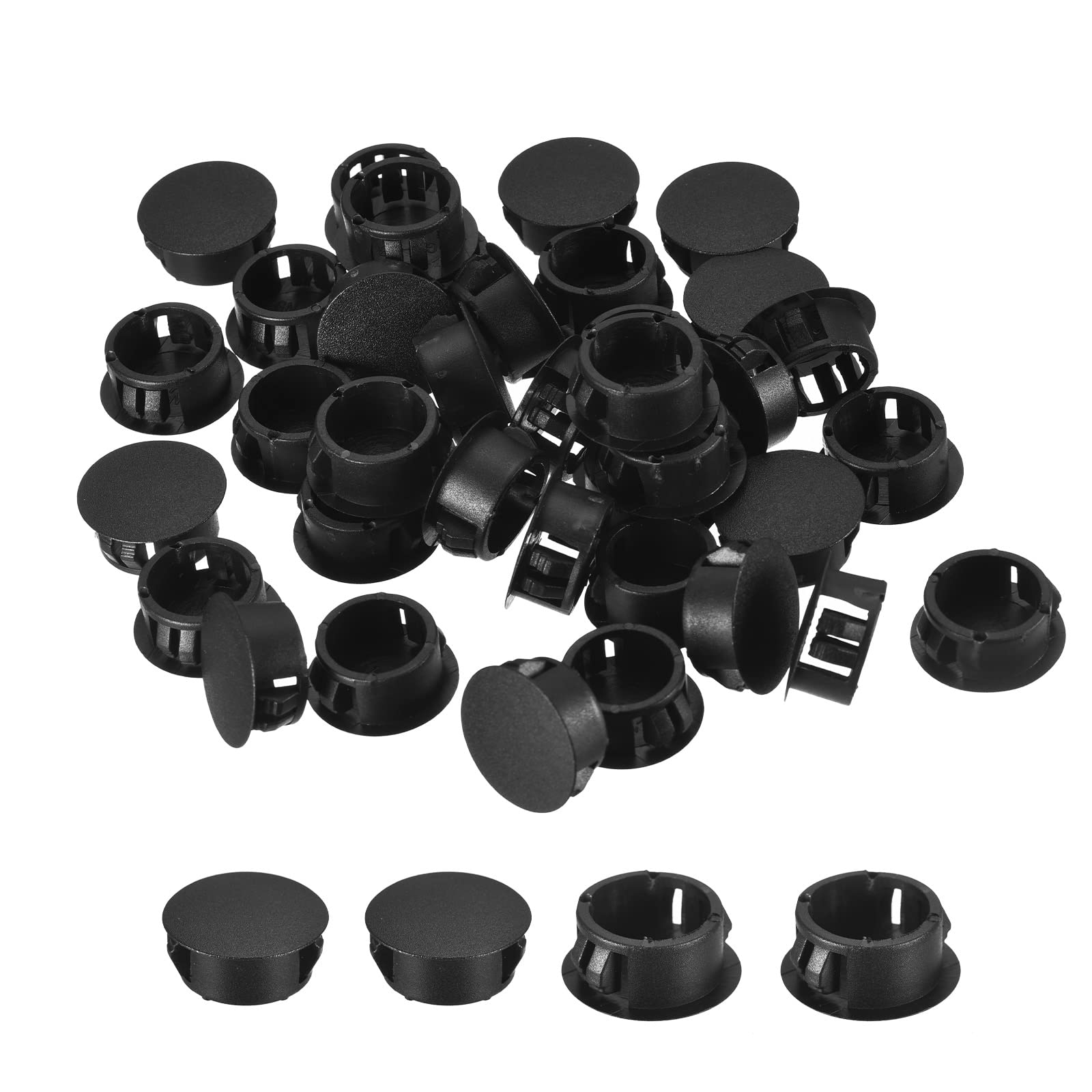 uxcell 23/32" Plastic Hole Plugs, 66Pcs Flush Type Panel Round Snap in Fastener Knockout Locking Plugs for Furniture Insert End Caps Panels, Black