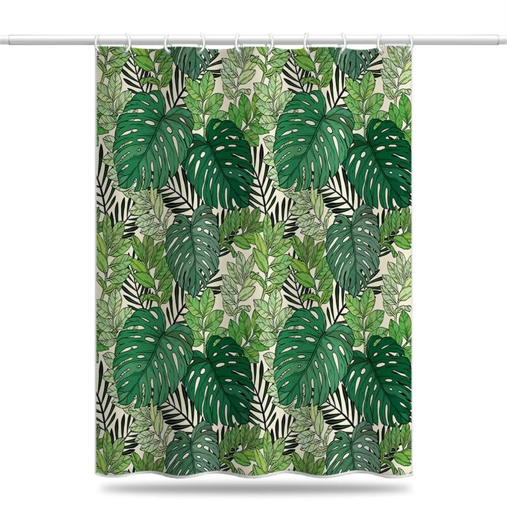 Shower Curtain Green Leaves Mould & Mildew Resistant Plant Monstera Shower Curtains for Bathroom 180cm x 180cm Drop, Washable Waterproof Polyester Bath Curtain with Hooks 71 x 71 Inch (LB1905)