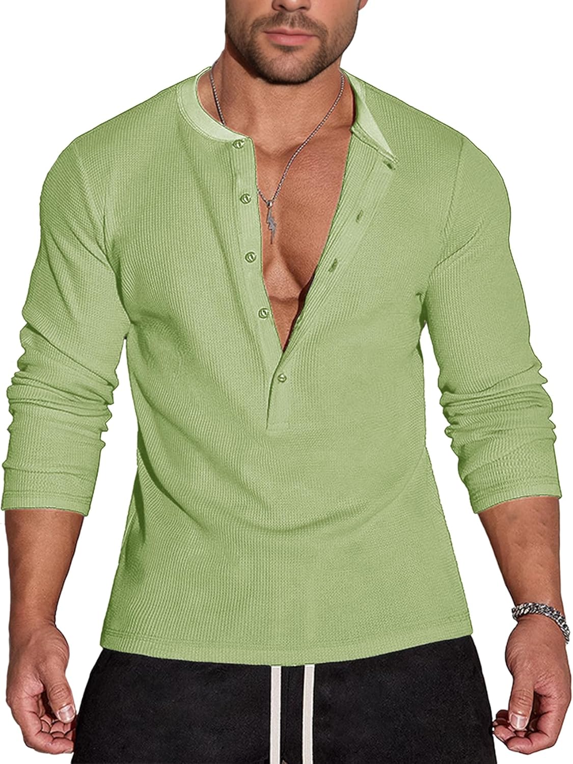 Men's Waffle Henley 5 Buttons Stylish Long&Short Sleeve T-Shirt Casual Slim Fit Tee