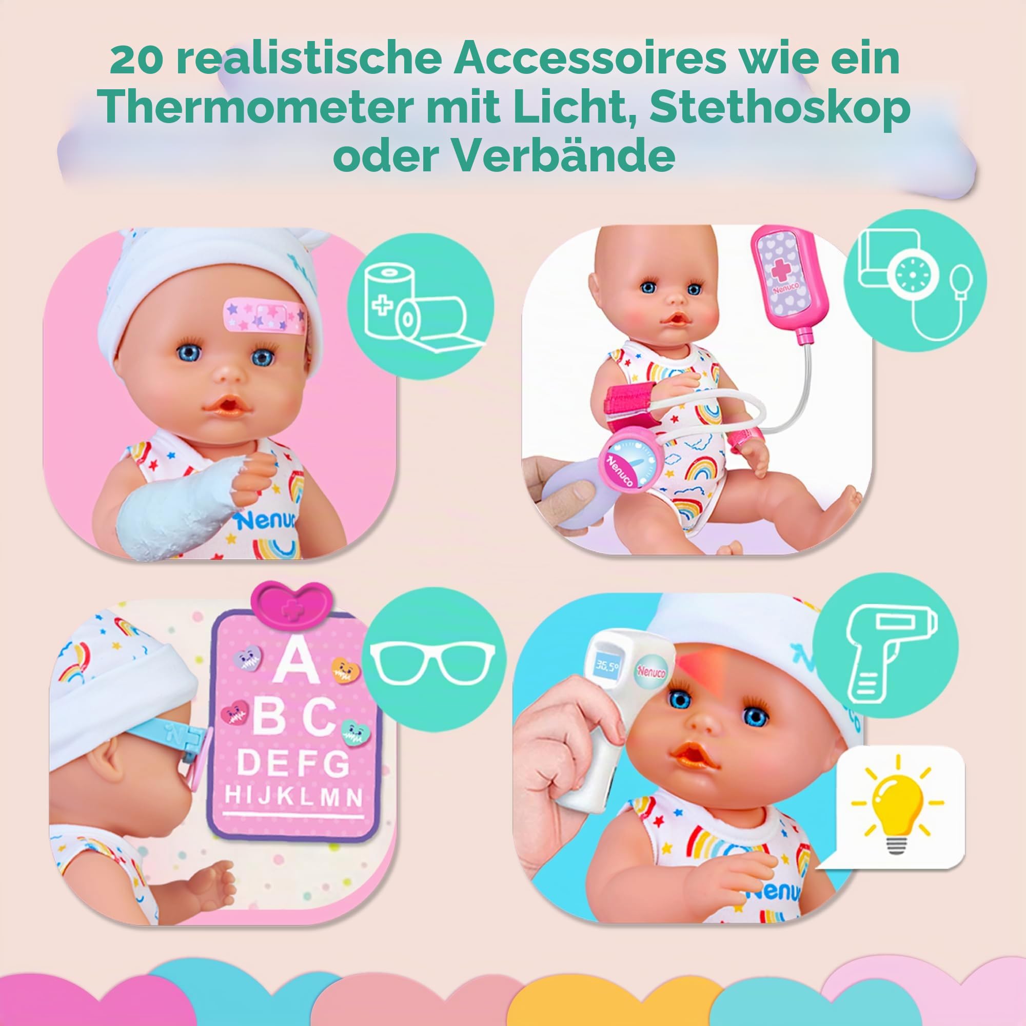 Nenuco Medical Center, Puppe 35 cm Fester Körper, 20 Zubehörteile, Intensivstation und vieles mehr, für Mädchen/Kinder ab 3 Jahren, Famosa (NFNA1000)