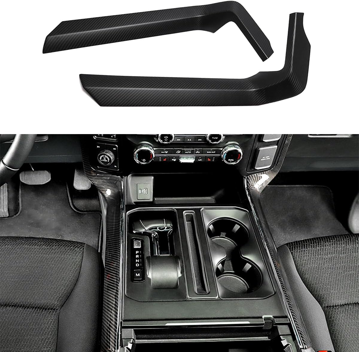 Keptrim for F150 Center Console Gear Shift Cup Holder Trim for 2021 2022 2023 2024 2025 2026 Ford F-150, ABS Carbon Fiber, 2pcs