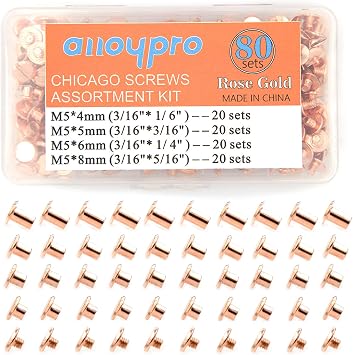 80 Sets Chicago Screws Assorted Kit 4 Sizes Rose Gold Leather Rivets 1/6 3/16 1/4 5/16 Screw Rivets Flat Fillister Book Binding Posts Nail Rivet Chicago Bolts for DIY Leather Craft 5 x 4,5,6,8
