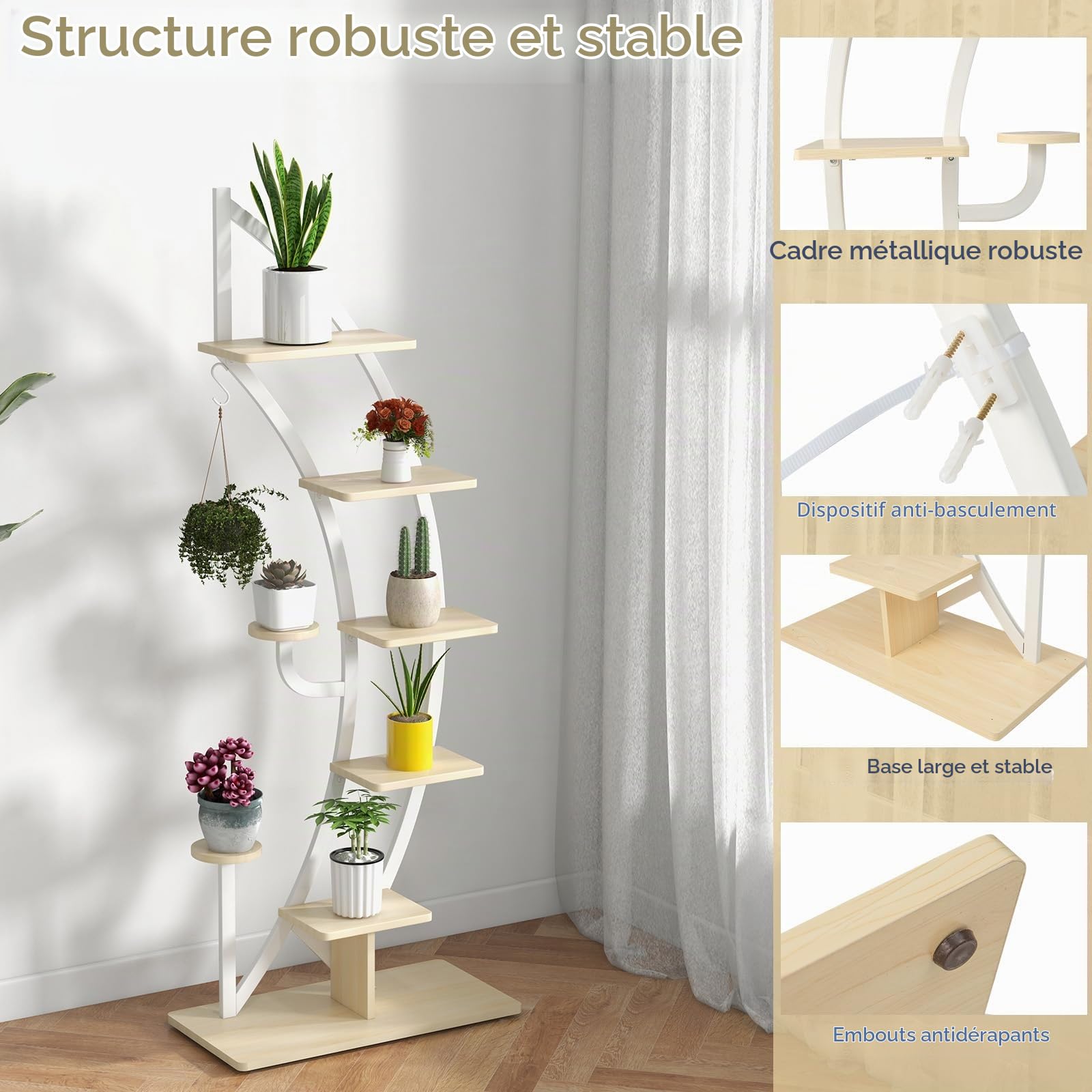 KOMFOTTEU Support Plantes 7 Niveaux, Intérieur & Extérieur, 1, Blanc