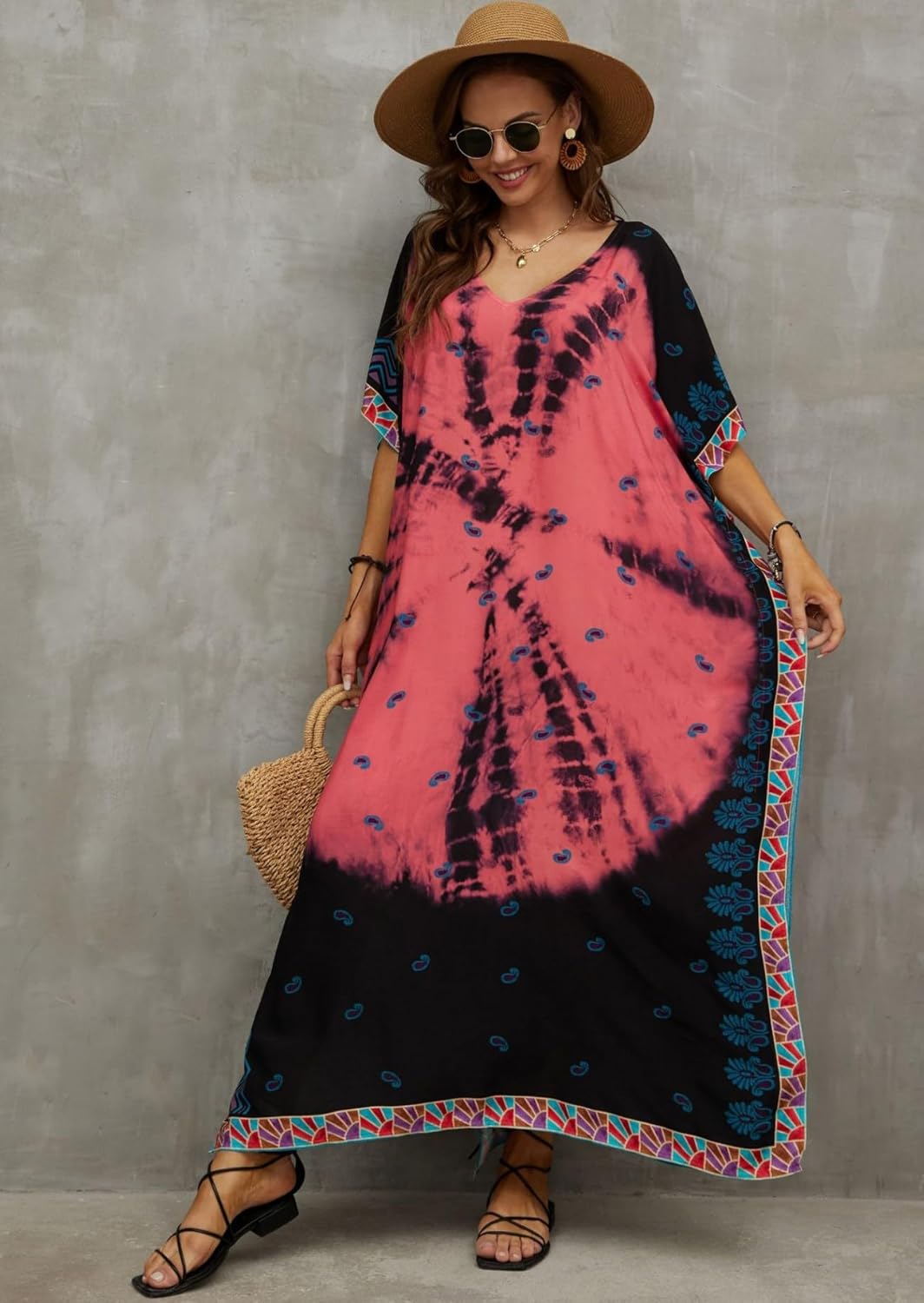 Kaftan Dresses for Women Plus Size Bathing Suit Cover up Batwing Sleeve Caftan Maxi Beach Dress - Image 2