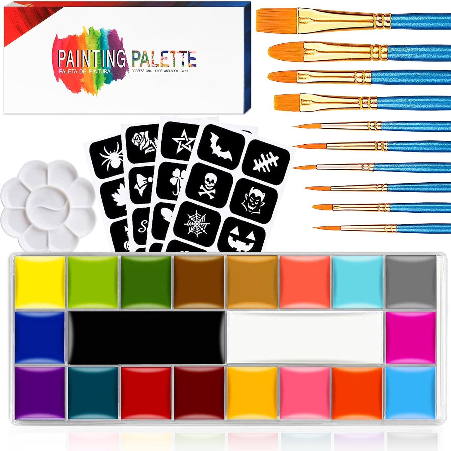 Face Paint,Face Painting Kit For Kids Party - 20 Water Based Non-Toxic Sensitive Skin Paints Includes10 Professional Brushes, 5 Sticker Models And A Paint Tray For Halloween Cosplay Parties.