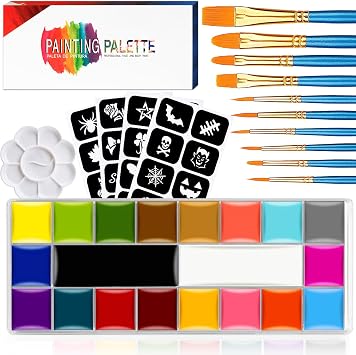 Face Paint,Face Painting Kit For Kids Party - 20 Water Based Non-Toxic Sensitive Skin Paints Includes10 Professional Brushes, 5 Sticker Models And A Paint Tray For Halloween Cosplay Parties.