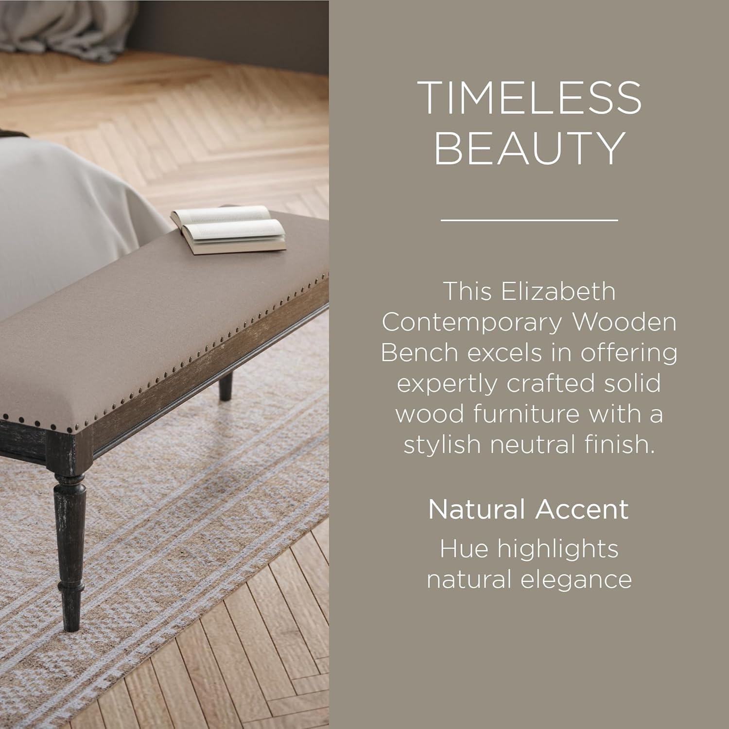 Maven Lane Elizabeth Traditional Wooden Upholstered Bench, Padded Seat for Kitchen Dining Room Table or Entryway in Antiqued Black Finish