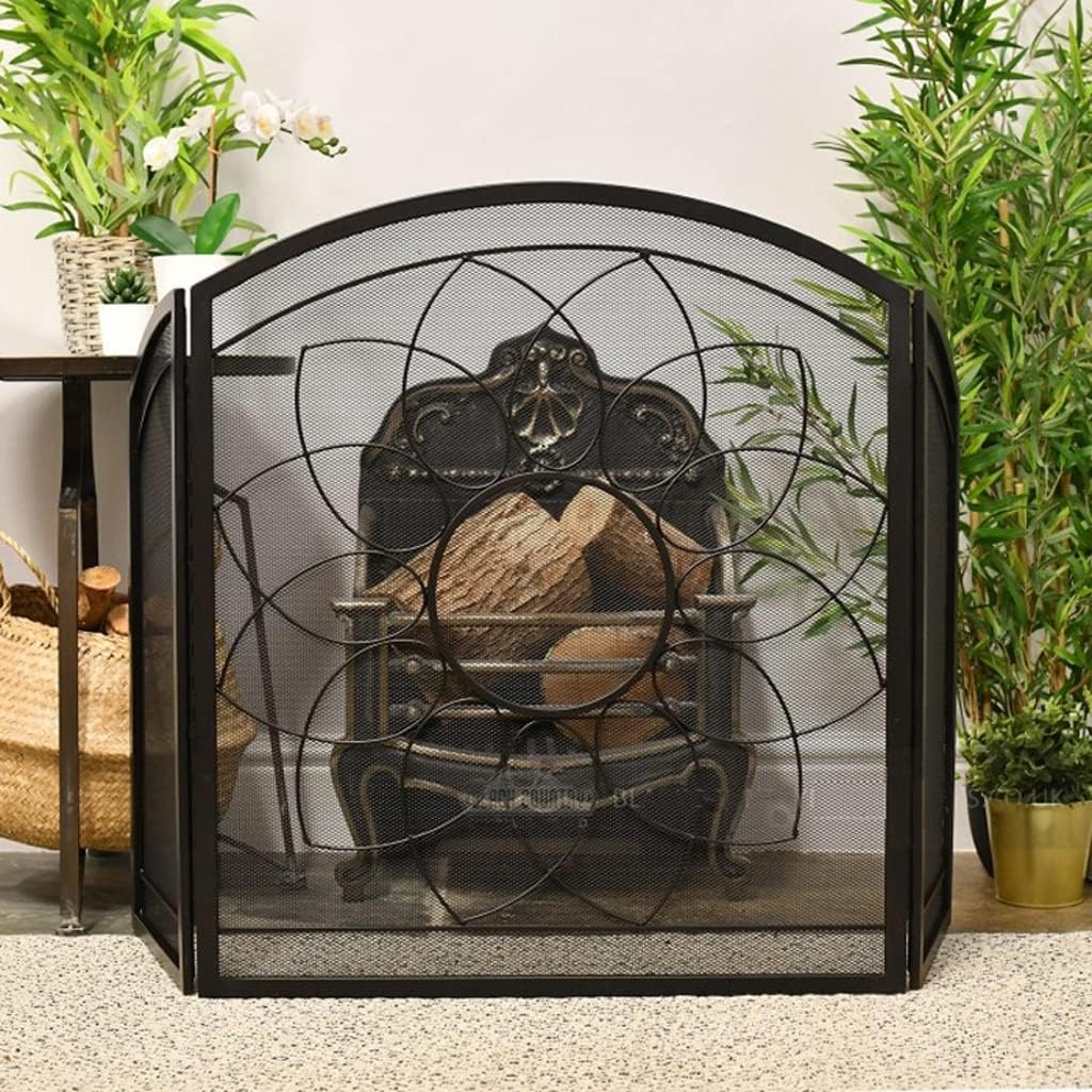 Fire Screen Fireplace Screen Retro Nostalgic Iron Art Living Room Fireplace Partition Screen Tri-fold Carved Folding Screen Fireproof Belt Mesh Hollow Fence Fireplace Spark Protection