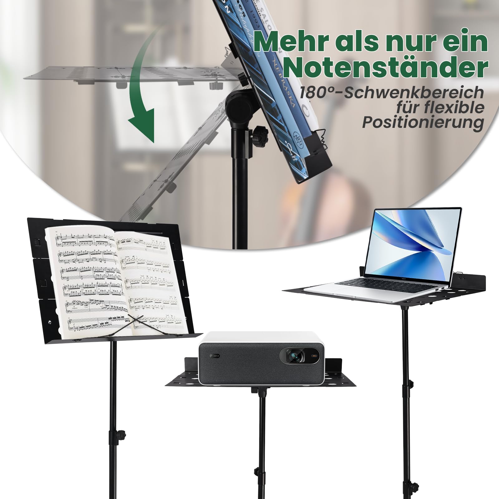 Professioneller Notenständer, höhenverstellbar (49-113cm) robuster Music Stand für Konzert und Reise, Notenständer Klappbar inklusive mit Metall-Dreibein, belüftete Platte & Transporttasche (Schwarz)
