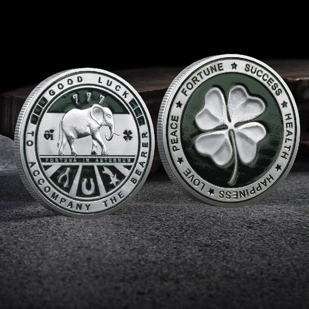 Good Luck Buena Suerte Moneda de la Suerte con Trébol de Cuatro Hojas y Elefante y Símbolos de la Suerte Moneda Conmemorativa