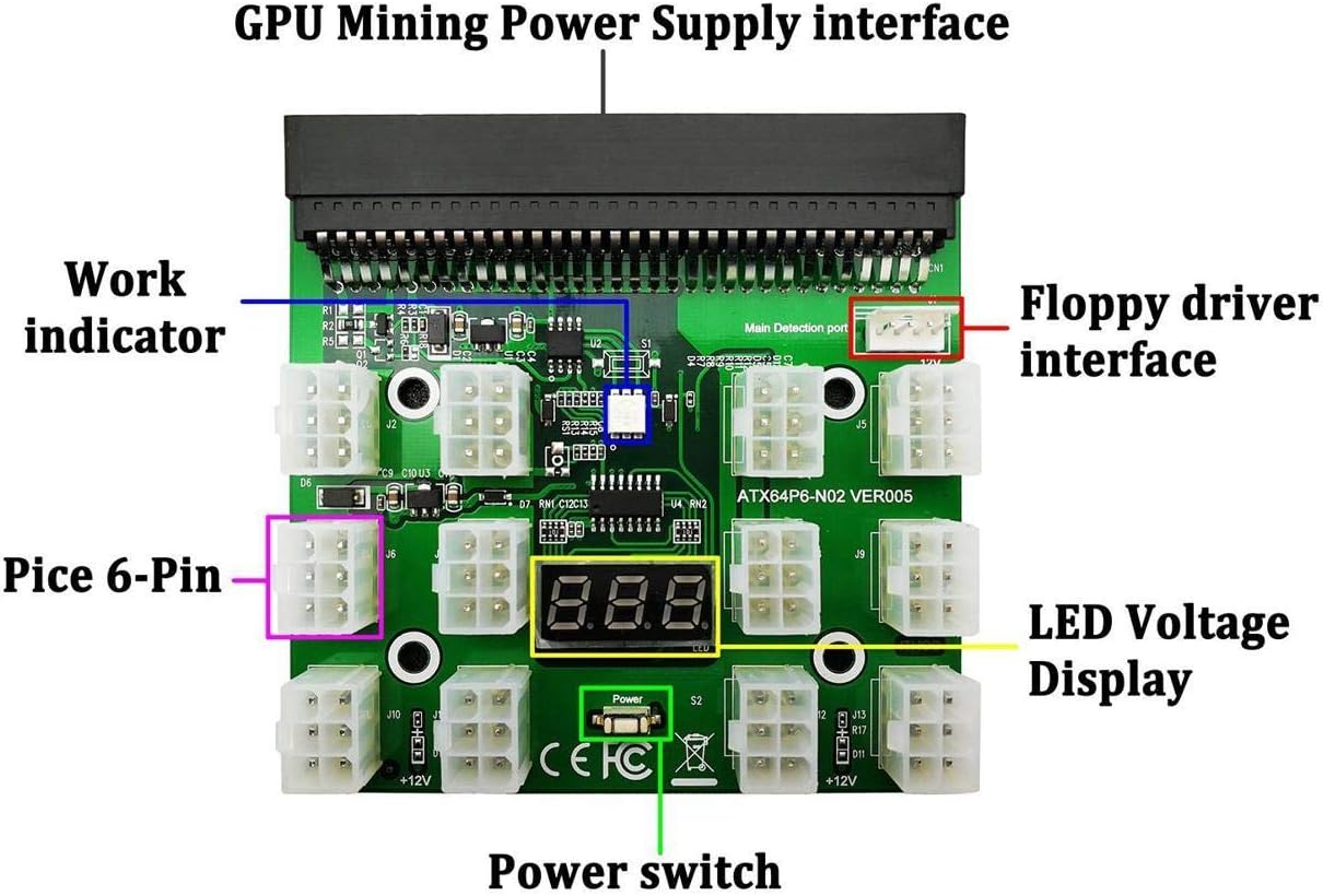 Tekit Ethereum Mining ETH ZEC LTC 1200W/750W Server PSU Power Supply Unit to GPU Breakout Board Adapter + 12pcs 6-Pin PCIe to (6+2Pin) PCIe Graphics Card Power Cables (GPU Breakout Board+12PCS Cable)