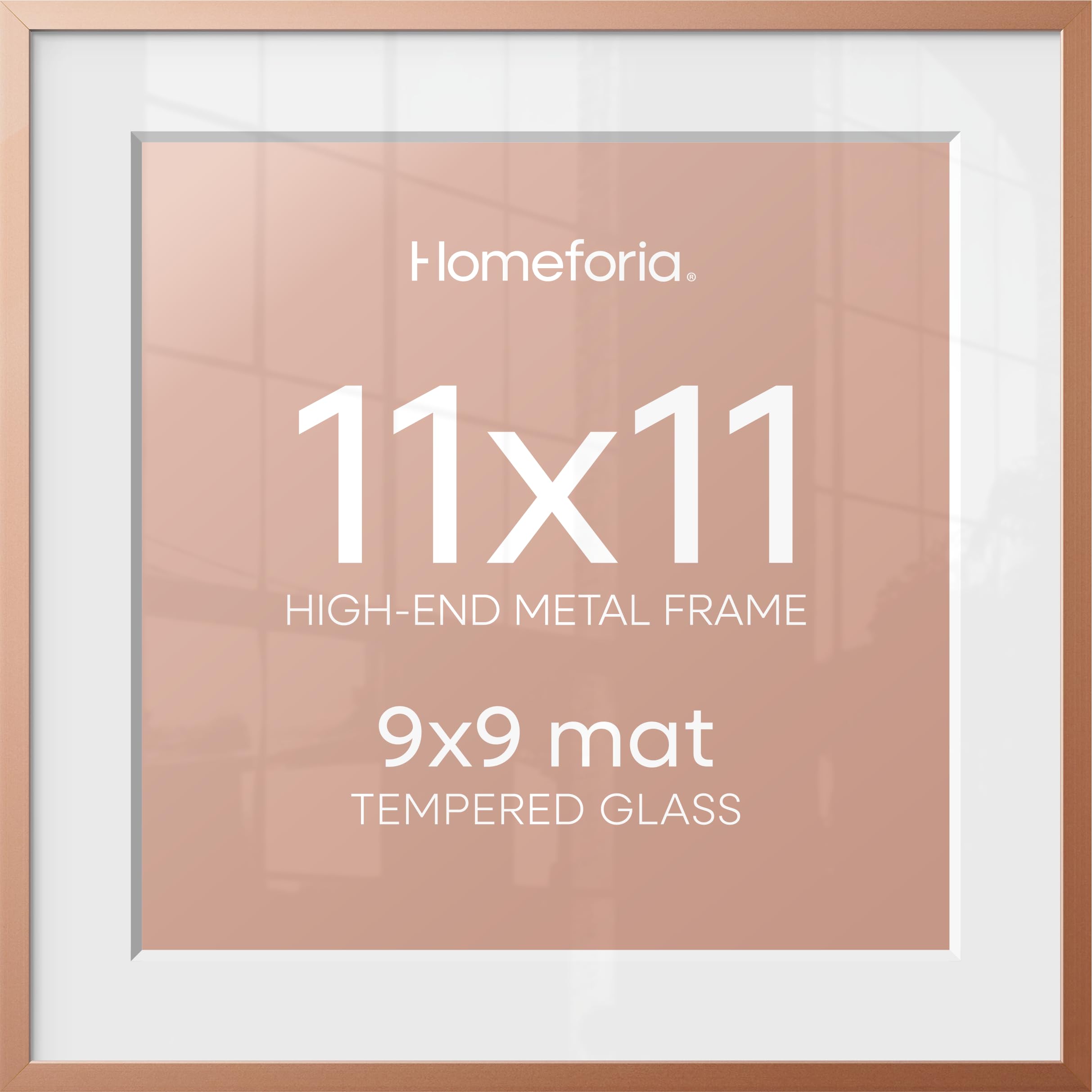 Homeforia 11x11 Rose Picture Frame, High-End Metal, 9x9 Mat, Glass | High End Aluminum, Tempered Glass, Acid-Free 9x9 Removable Mat, 11x11 in Edge-to-Edge Display 11x11, Wall Kit, Set Of 1