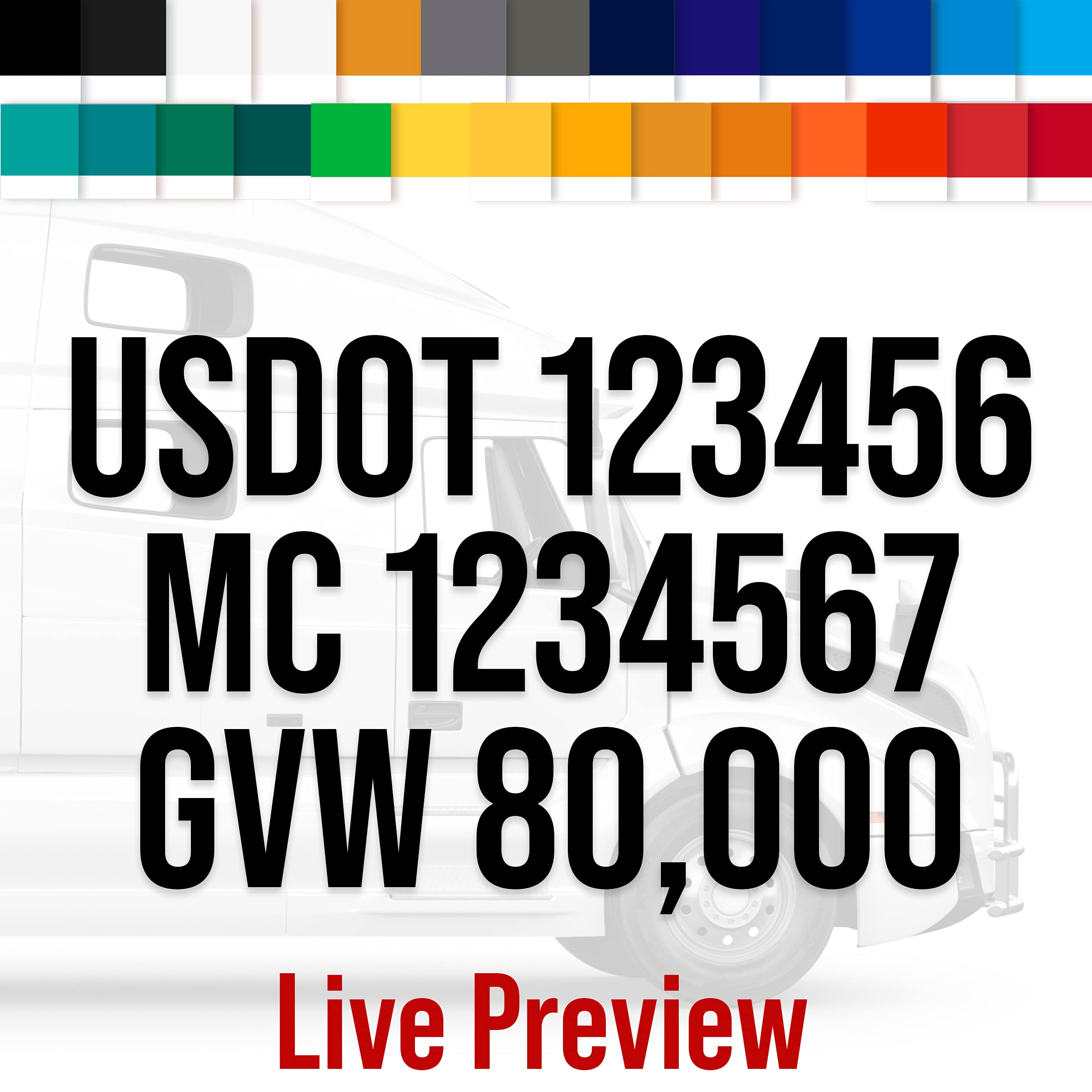 Custom Truck Registration Numbers (Two Sets) USDOT, DOT, US DOT, MC, CA,  KYU, GVW, Vinyl Lettering Letters Decal Stickers