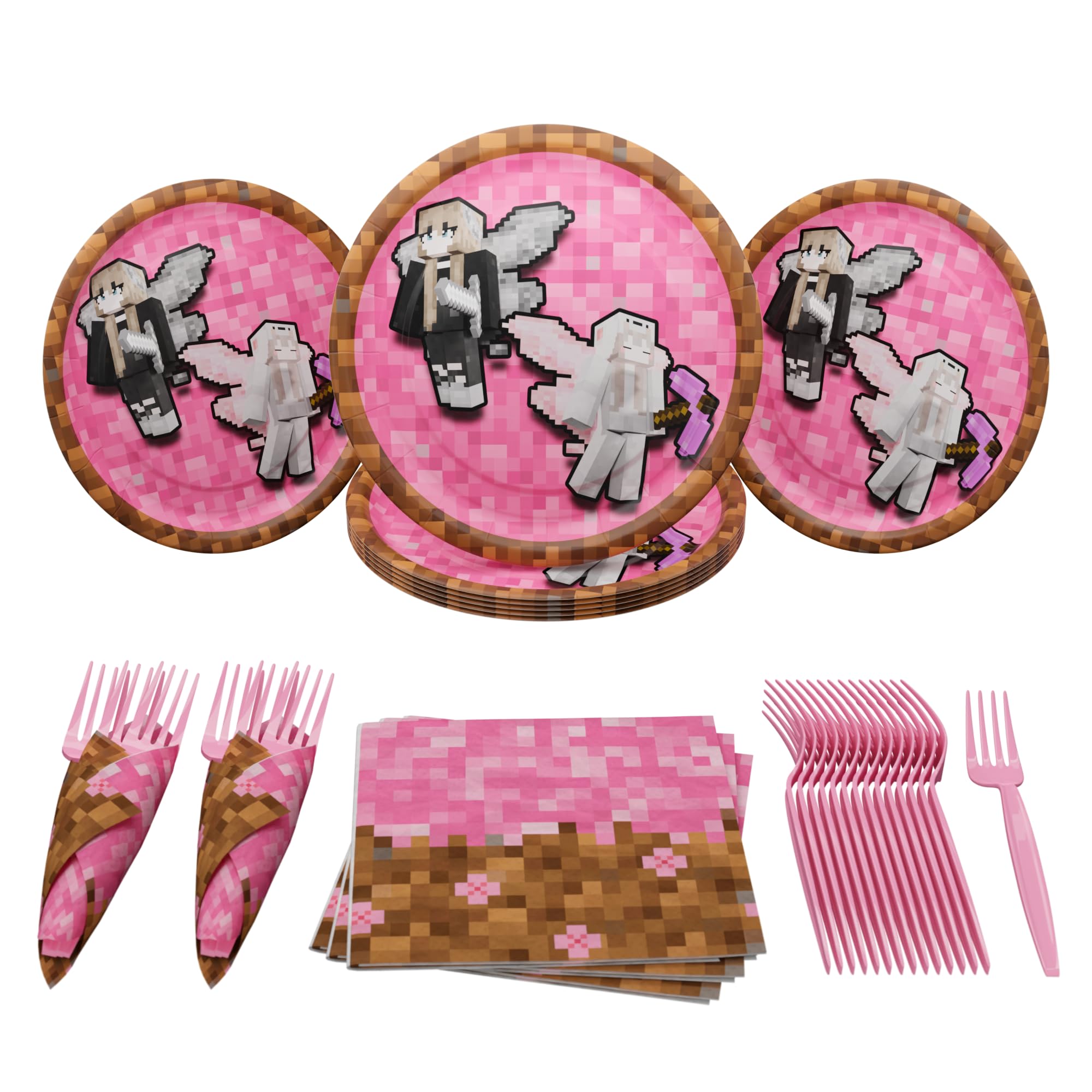 Pixel Girl Value Party Supplies (64 pieces for 20 Guests) - Girl Video Game Party Supplies, Video Game Birthday Decorations for girls, Mining Craft