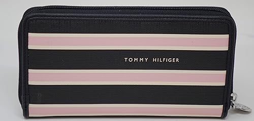Miniatura 2 de Tommy Hilfiger Bolso de mano con cremallera de lona revestida con logotipo azul marino, rosa y blanco para mujer, Azul marino, Cartera con