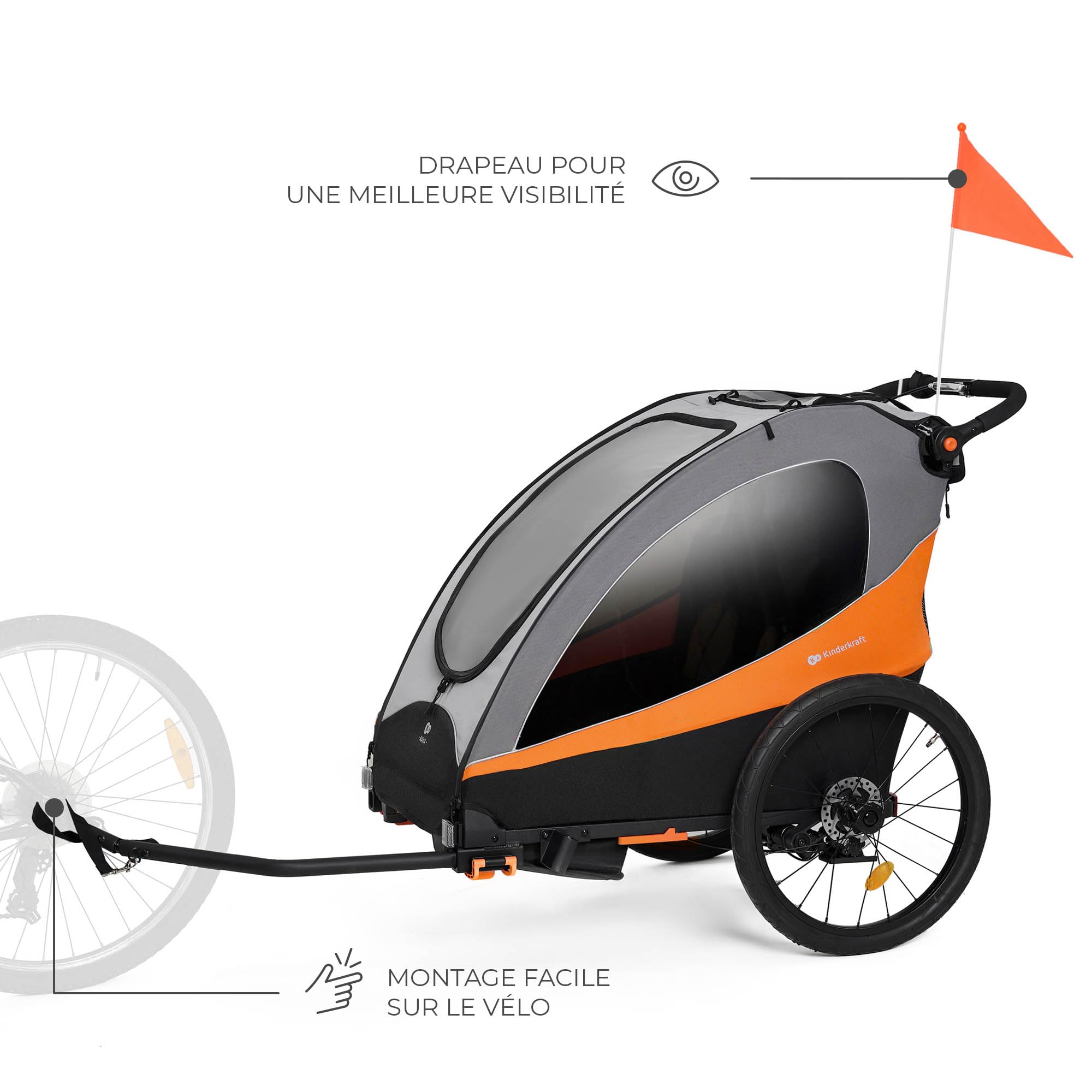 Kinderkraft NAVA 3-en-1, Remorque pour enfants Poussette, Jogger, Landau, Remorque à vélo, pour un ou deux Enfants, 2x22kg, Protection contre la pluie, Protection Contre les insectes, Orange