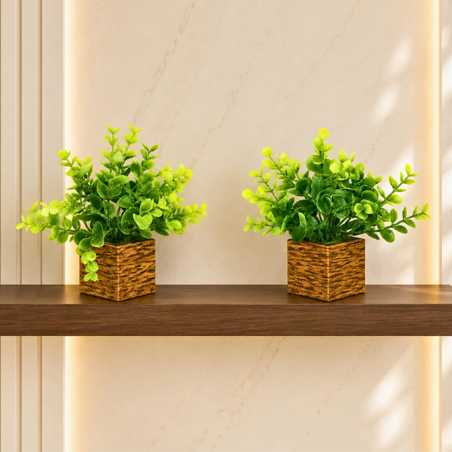 DecoreBugs Artificial Eucalyptus Plant with Plastic Pot (Pack of 2) | 12 cm Height | Mini Potted Plants for Shelf Décor, Home, Office, Living Room, Desk & Table Item Decoration
