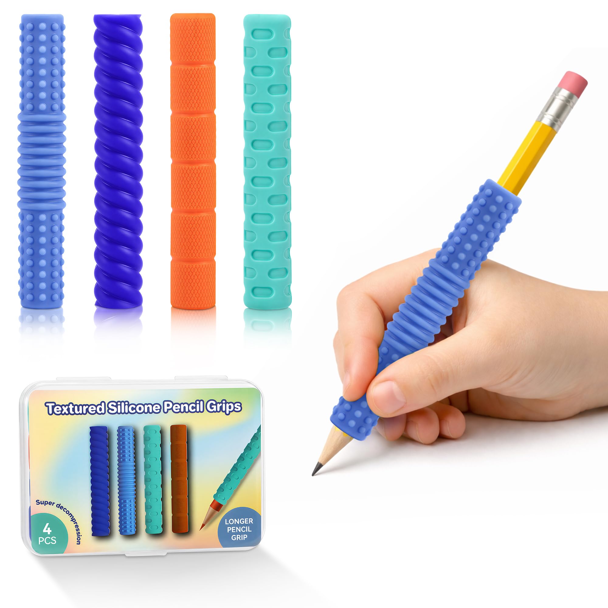 Textured Silicone Pencil Grips, Sensory Pencil Fidget Sleeves for Kids, Teens, Adults with ADHD, Autism, Anxiety Relief, Writing Aid Tools ADHD Tools (4 Packs)