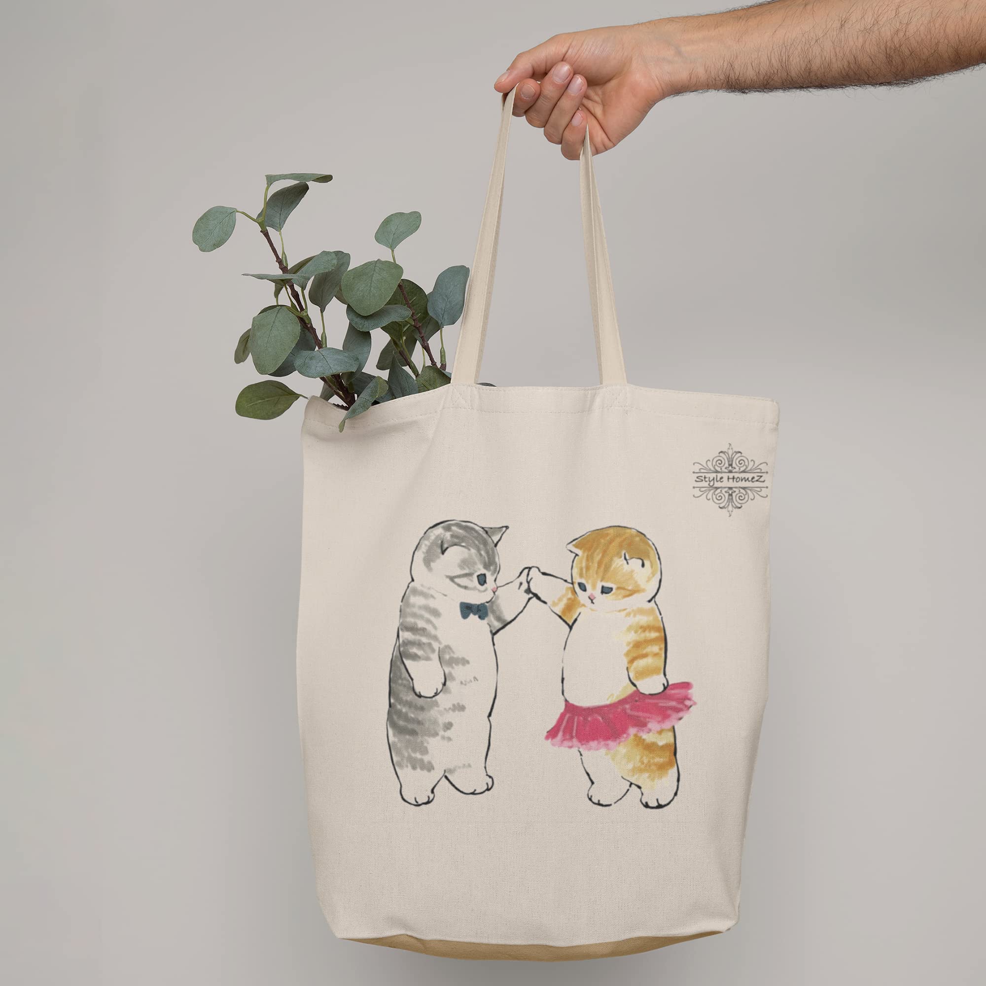 ALFANSO Classic Eco-Friendly & Reusable Cotton Canvas Grocery Tote Bag, Medium Size 16 x 14 Inch Natural Color (CATS IN SKIRT) 3