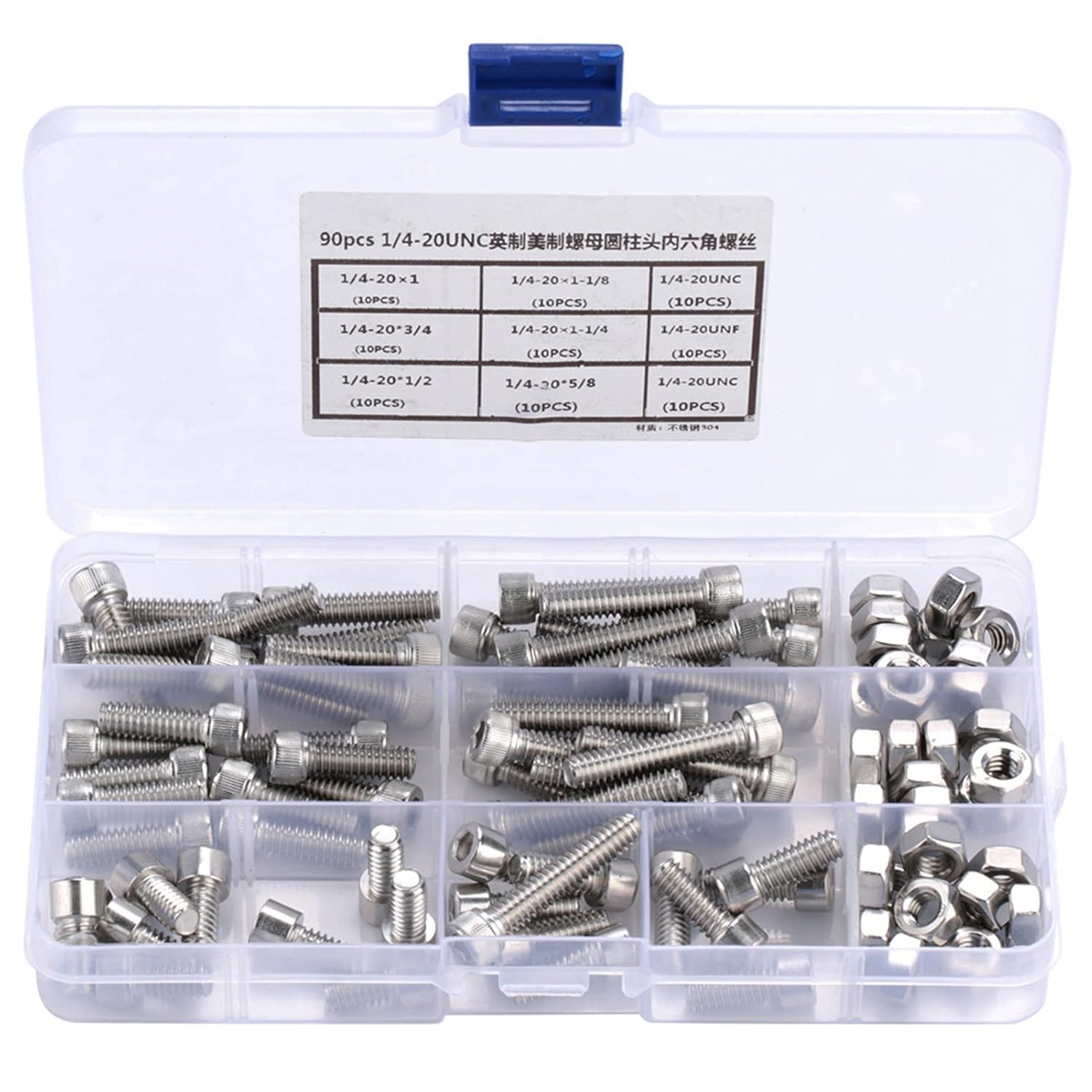 1/4 20UNC Hex Socket Head Cap Screw, Hexagon Bolts Washers Nuts Assortment Kit, Bolts and Nuts Set Assortment Kit, Machine Screws Set Stainless Steel, 90pcs