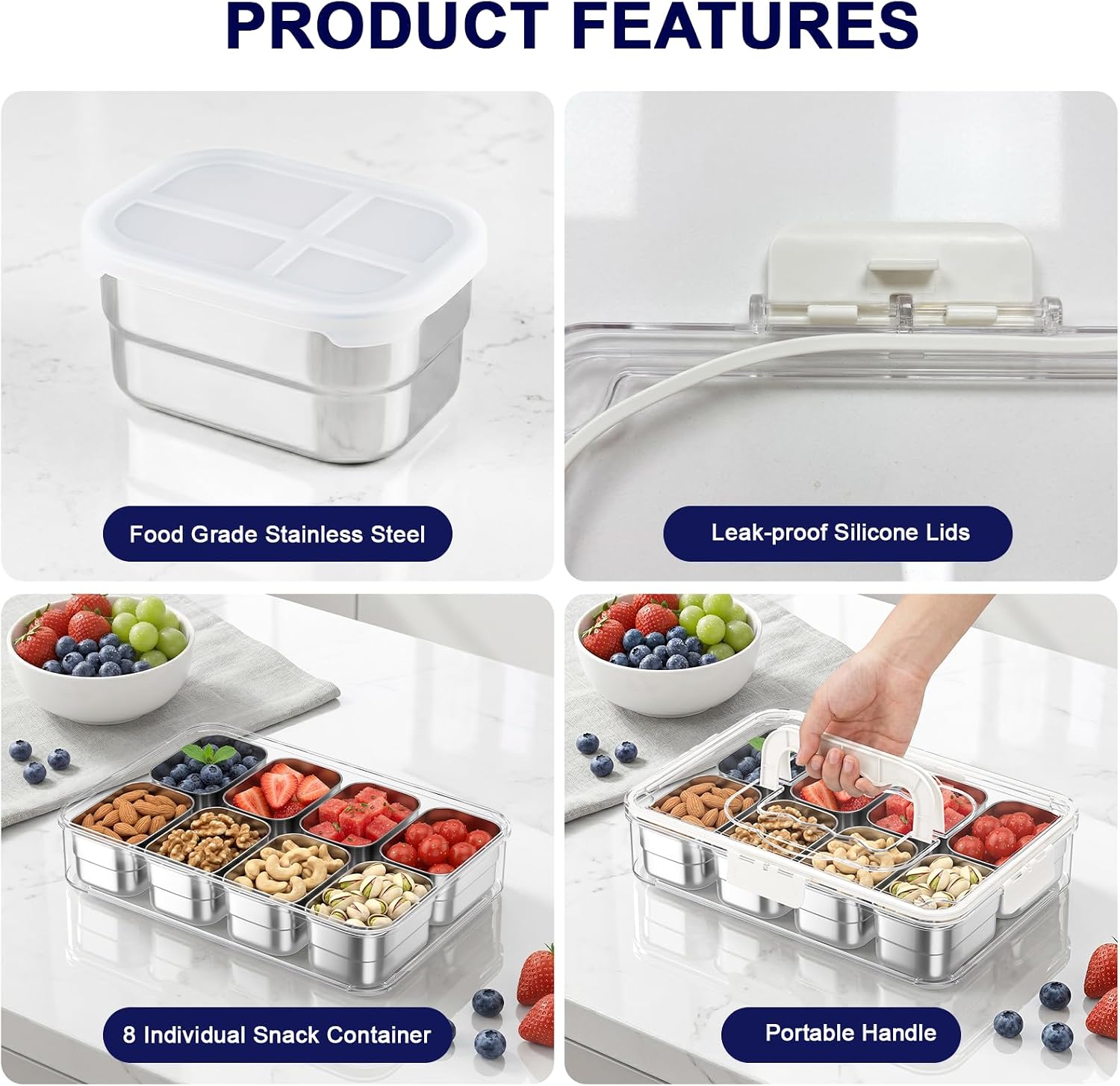 Snackle Box Container, 8-Compartment Stainless Steel Divided Serving Tray with Lid and Handle, Large Snack Tray for Fruit Veggie Candy
