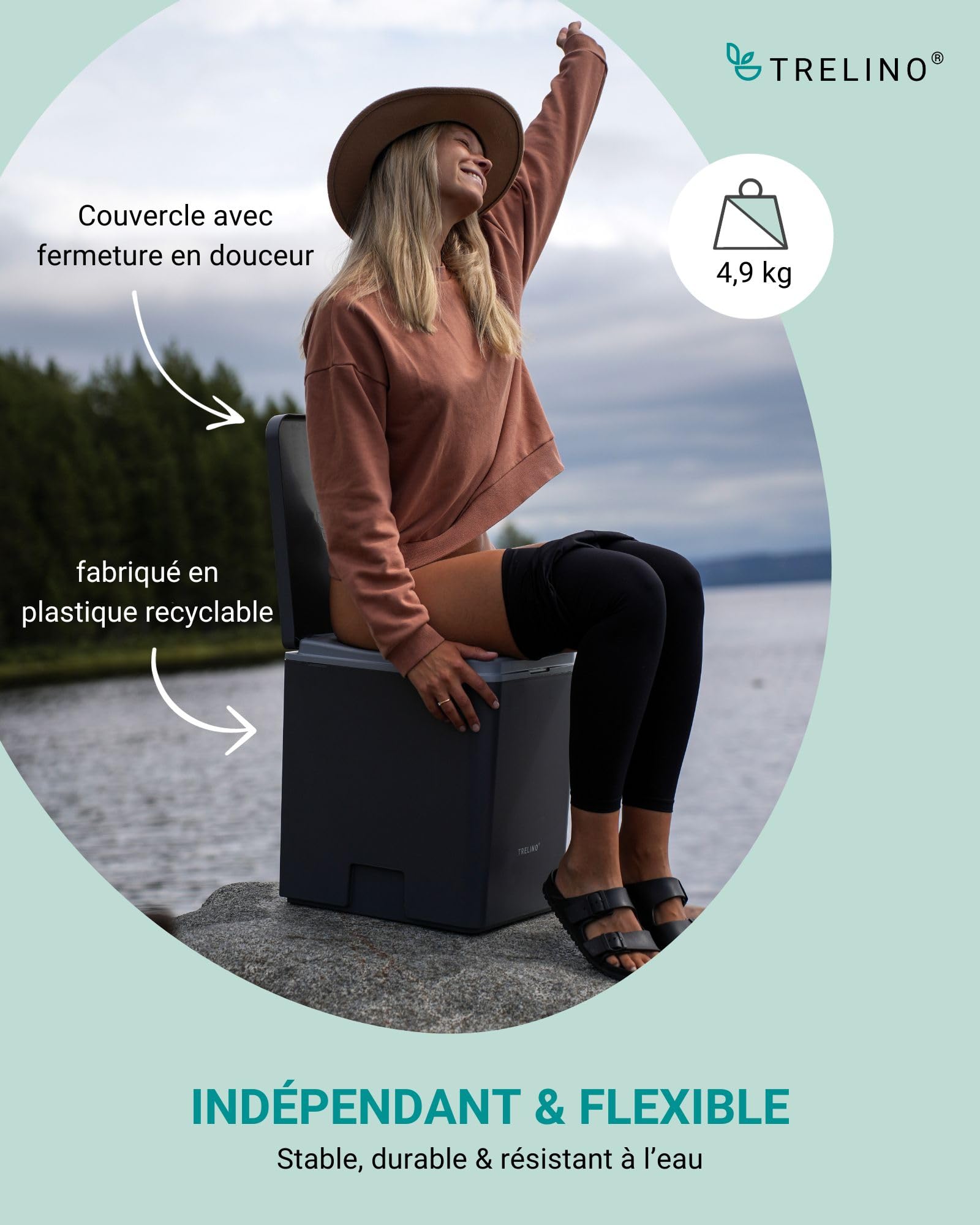 TRELINO Evo L Anthracite (39 x 33 x 43 cm), Toilette sèche avec séparateur, Toilette Portable pour Camping et Plein air, 2 x 10 L capacité