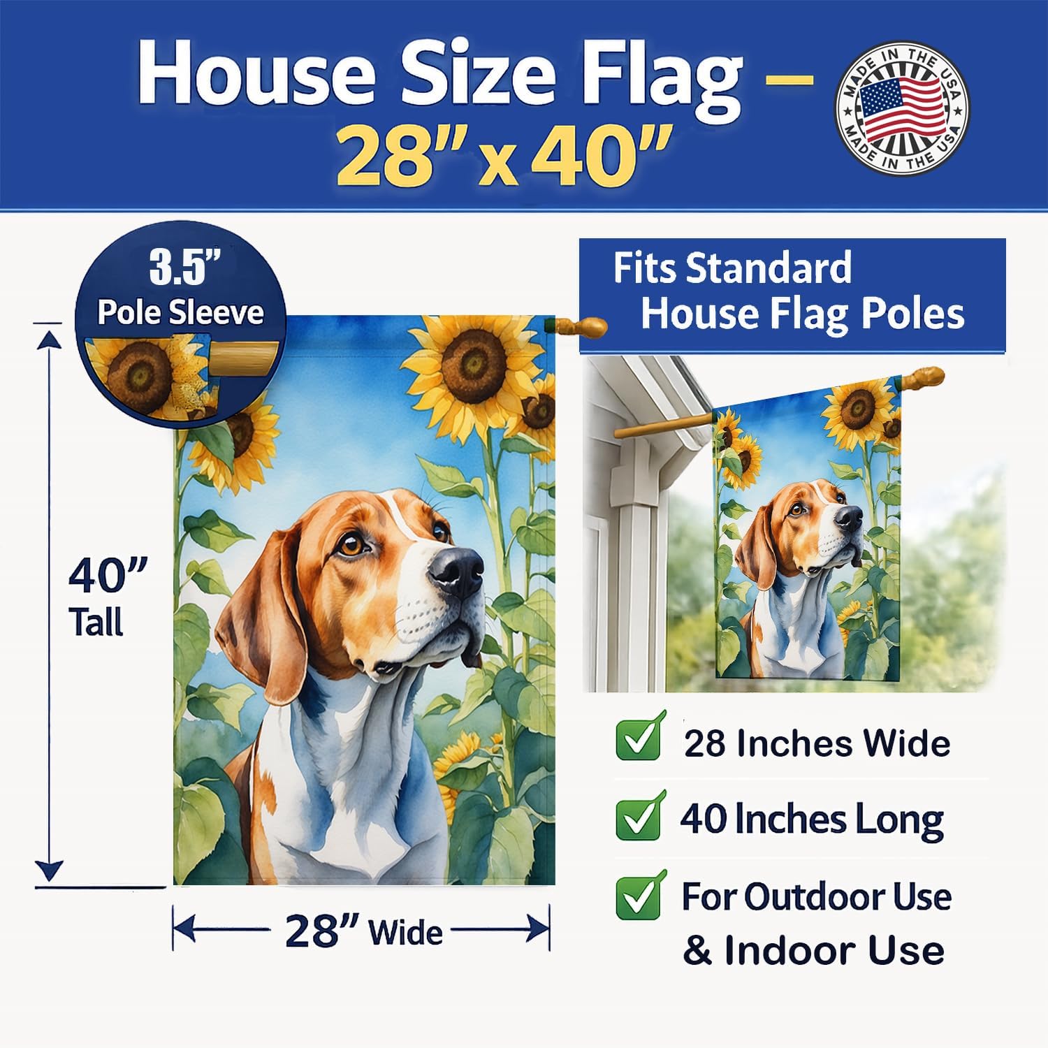 Caroline's Treasures DAC6074CHF English Foxhound in Sunflowers House Flag Large Porch Sleeve Pole Decorative Outside Yard Banner Artwork Wall Hanging, Polyester, House Size, Multicolor