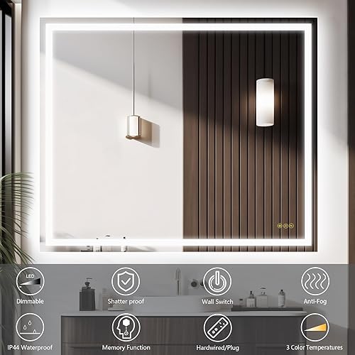 Miniatura 2 de Espejo de baño LED de 30 x 36 pulgadas, atenuación continua, retroiluminado + frontal inteligente, espejo de pared grande, antivaho, memoria,