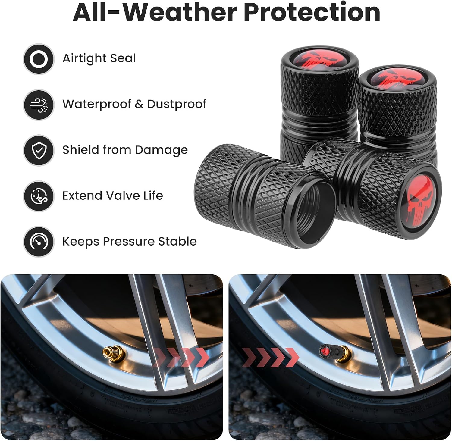 Universal Tire Valve Stem Caps, 4pcs Aluminum Tire Valve Cap Set, Corrosion Resistant Stem Covers for Cars SUVs Trucks Motorcycles Bikes (Skull-Black)