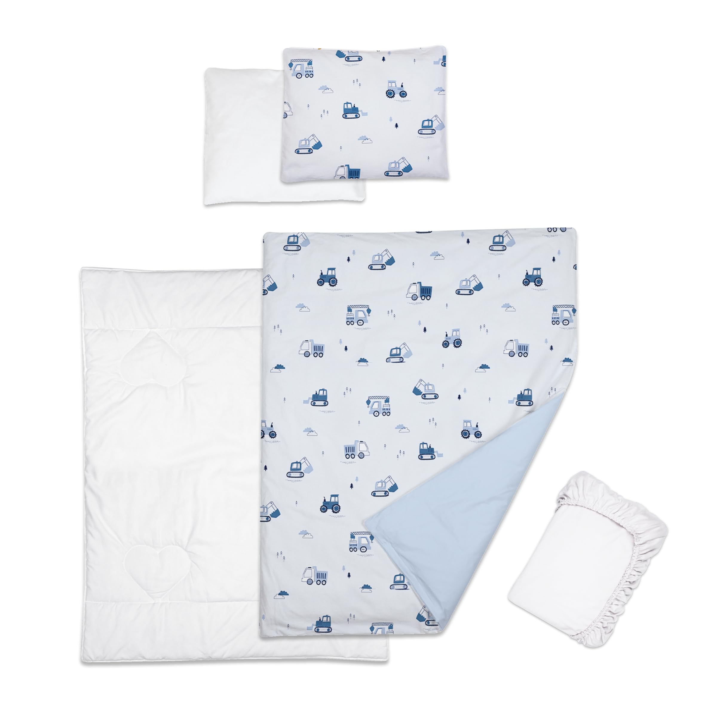 Baby Comfort 5 Piece Toddler Bedding Duvet Pillow with Covers & Jersey Sheet fits 83x50cm Co-sleeper Crib 12M+ (Excavators)