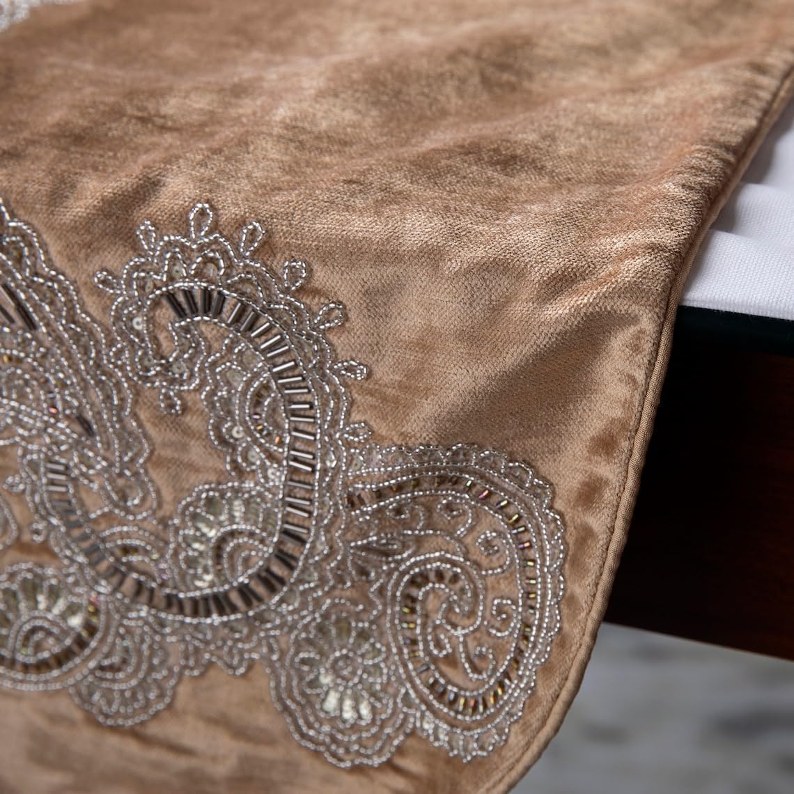 The HomeCentric Velvet Table Runner, Gold Luxury Fabric with Bead Embroidery Gold Velvet 14 x 36 inch Long, Wedding Decor Table Linen Modern Table Runner - Paisley Swirl