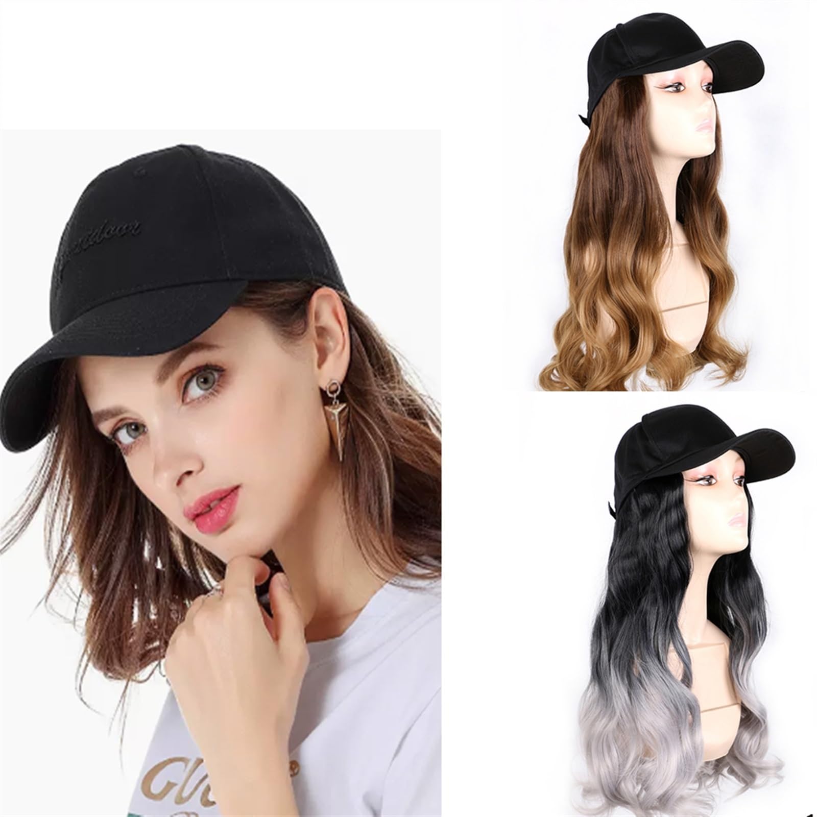JUNXIAN Wig Cap Fashion Black Baseball Cap with Wig Long Wavy Synthetic Hat Wigs Naturally Connect Adjustable Straight Hair Hat Wig Wig Hat(9)