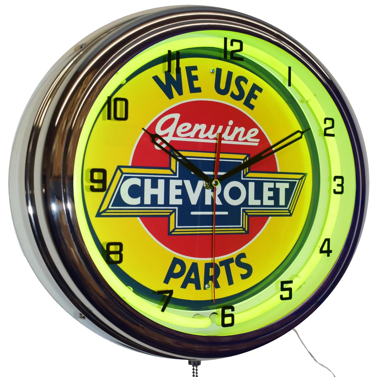 Platinum We Use Chevy Genuine Parts Sign Neon Advertising Clock Garage Decor (16") (Yellow)