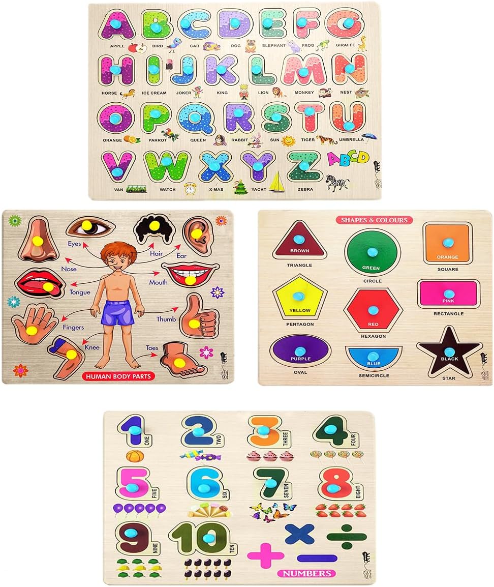 Lefan Wooden Puzzle Games for Kids Combo of Shapes Number Alphabets ...