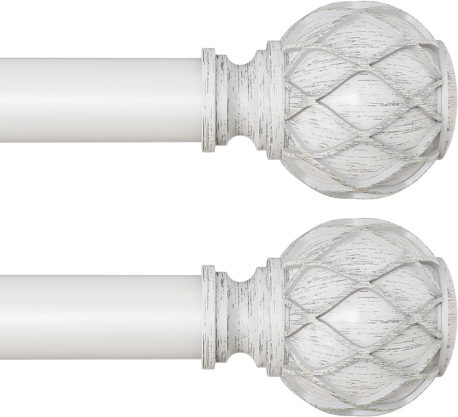 2 Pack White Curtain Rods, 1'' Decorative Adjustable Farmhouse Boho Curtain Rod for Windows 28 to 48 Inch(2.3-4 Feet), Heavy Duty Rustic Drapery Pole with Netted Texture Finials, Antique White