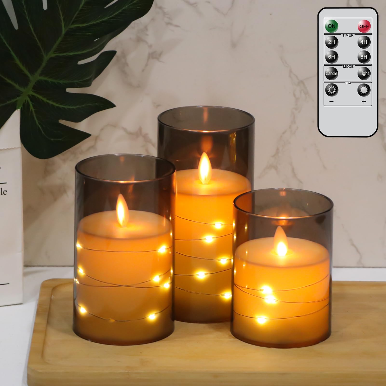 Eldnacele Flickering Flameless Candles String Lights with 11-Key Remote and Timer, Battery Operated Moving Wick Unbreakable Black Glass Plastic LED Pillar Candles for Dinner Holiday Decor Set of 3