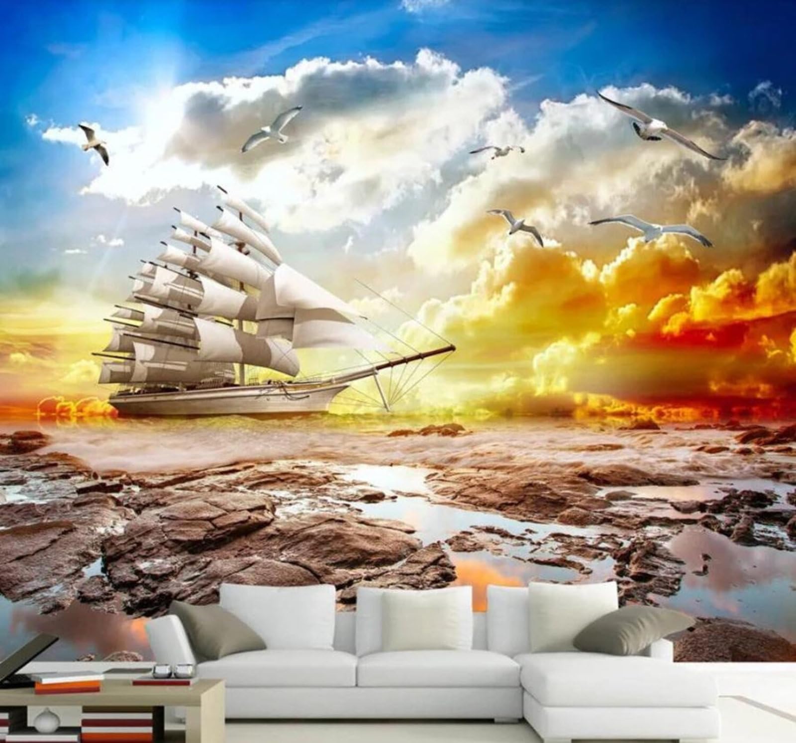 Tzxztt 350Cm×256Cm(B×H) Sunset Scenic Views Sailing Boats Natural Scenery Modern 3D Wallpaper Premium Textured Silk Neutral Tones Material Ideal For Living Room Bedroom-350Cm×256Cm
